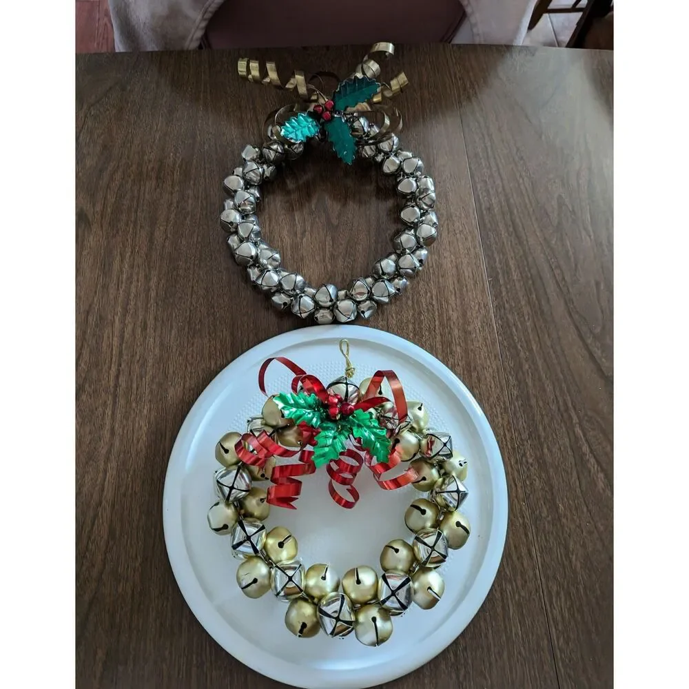 Bundle of two (2) Christmas hanging jingle sleigh bell metal wreaths